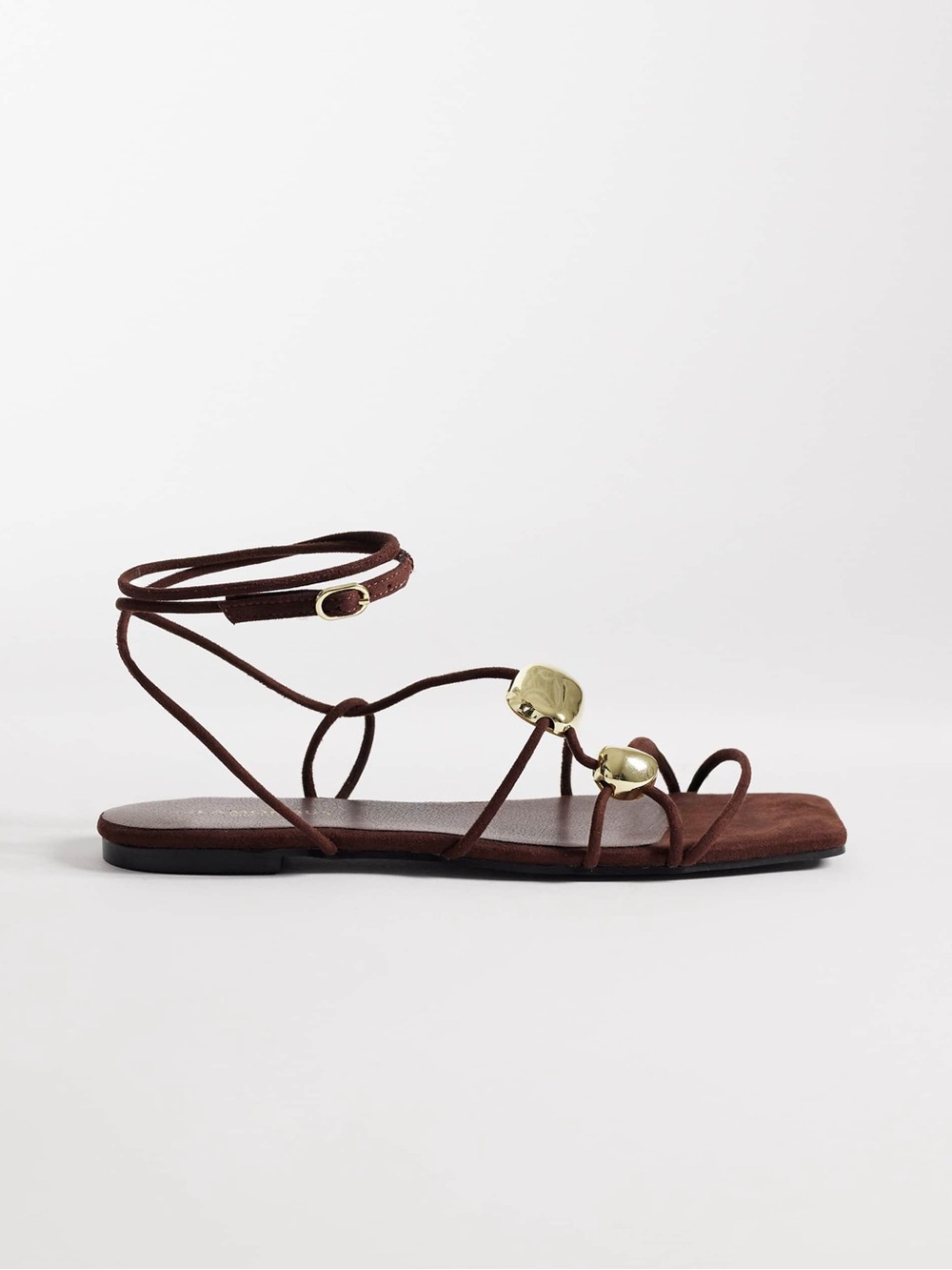 Wide Fit Brown Strappy Ankle-Tie Sandal with Gold Accent
